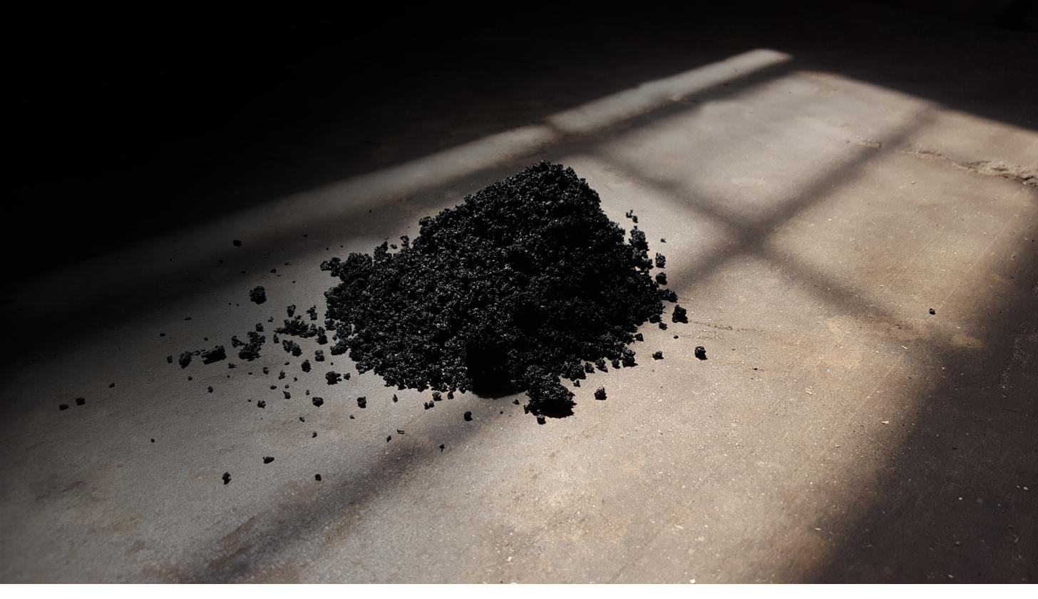 Biochar produced by the Biogenic Refinery — pile of finished carbon material on concrete floor