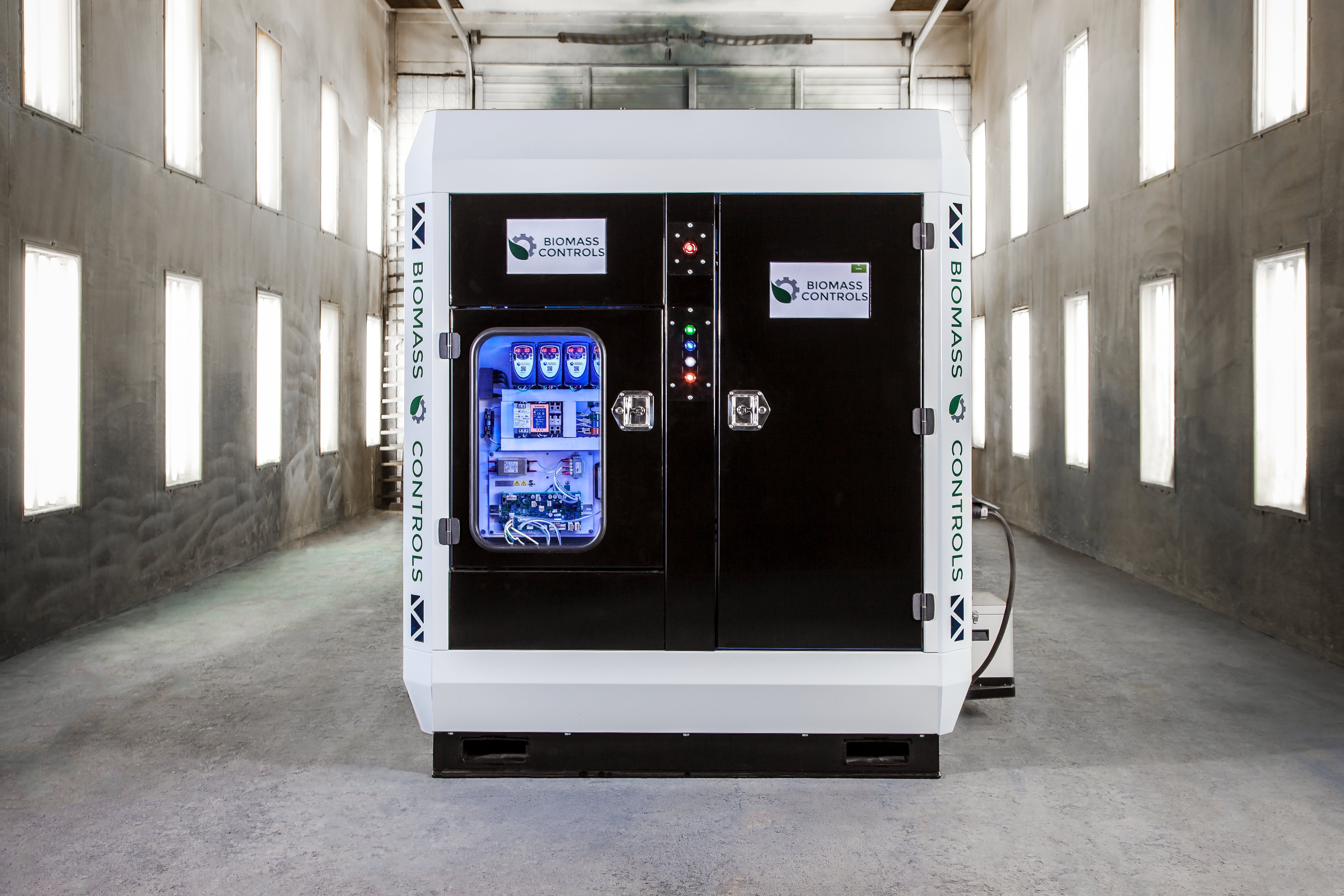 Biogenic Refinery mCHP Cube — front view of branded installation unit in an industrial setting